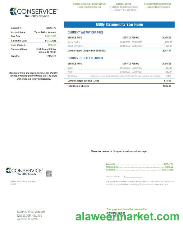USA FLORID A CONSERVICE utility bill Word and PDF template